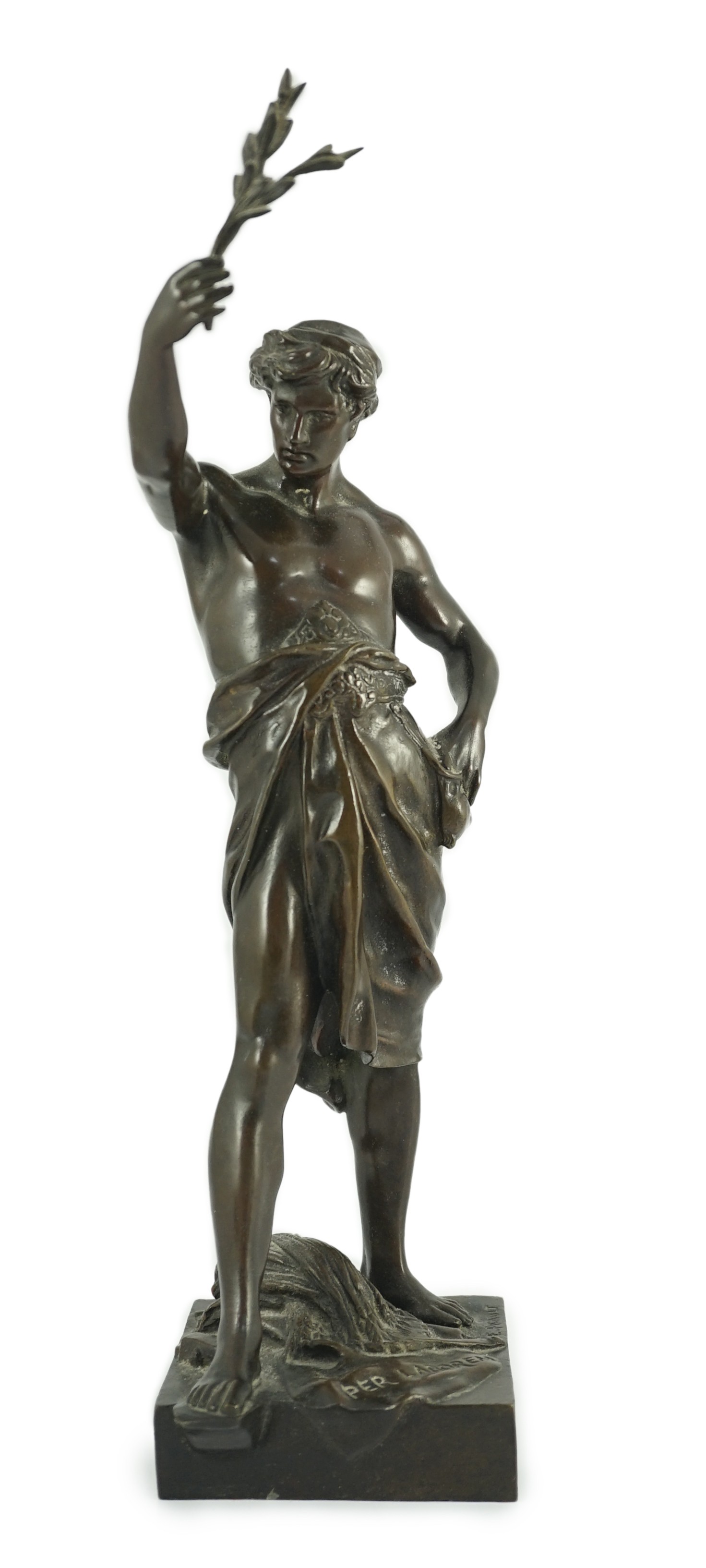 Emile Louis Picault (1833-1915). A French bronze figure 'Per Laborem' modelled as a classical athlete holding aloft a laurel sprig, 34cm high